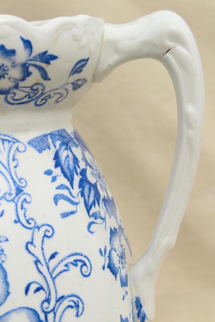 photo of antique vintage wash stand water pitcher, blue & white china transferware floral print #6