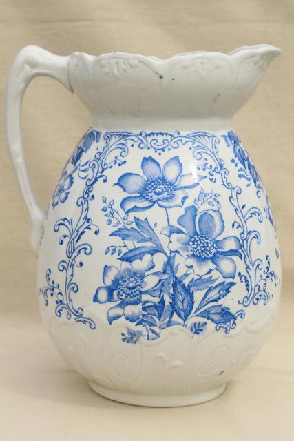 photo of antique vintage wash stand water pitcher, blue & white china transferware floral print #8