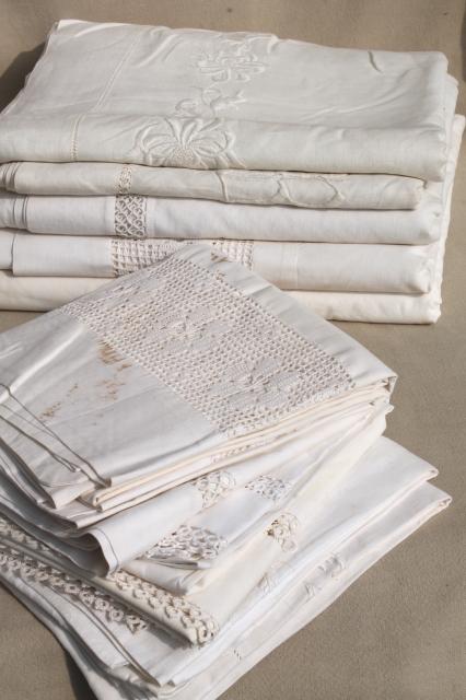 photo of antique vintage white cotton sheets & pillowcases w/ crochet lace, white work embroidered bed linen lot #1