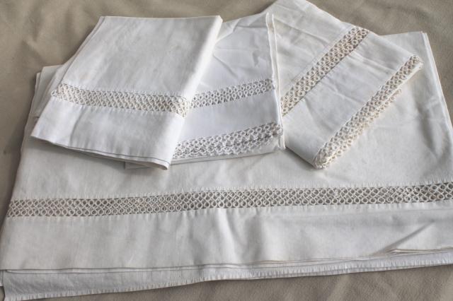 photo of antique vintage white cotton sheets & pillowcases w/ crochet lace, white work embroidered bed linen lot #3