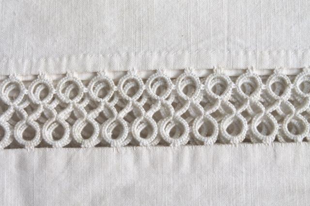 photo of antique vintage white cotton sheets & pillowcases w/ crochet lace, white work embroidered bed linen lot #4