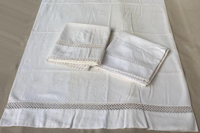 photo of antique vintage white cotton sheets & pillowcases w/ crochet lace, white work embroidered bed linen lot #5