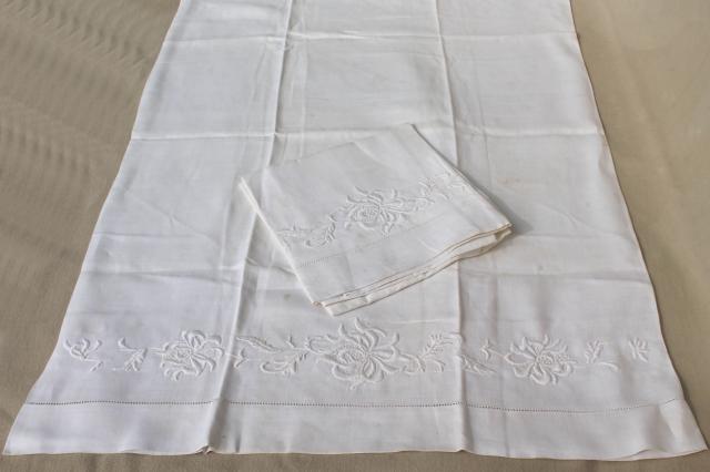 photo of antique vintage white cotton sheets & pillowcases w/ crochet lace, white work embroidered bed linen lot #11