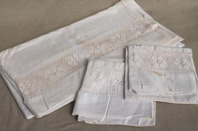 photo of antique vintage white cotton sheets & pillowcases w/ crochet lace, white work embroidered bed linen lot #12