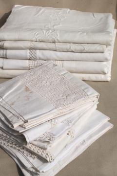 catalog photo of antique vintage white cotton sheets & pillowcases w/ crochet lace, white work embroidered bed linen lot