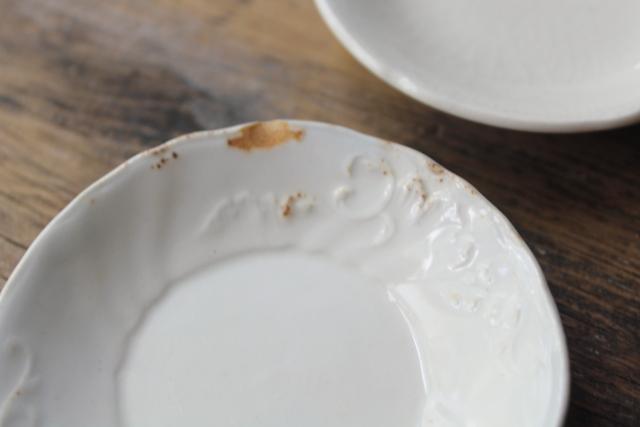 photo of antique vintage white ironstone china butter pats, collection of tiny plates different patterns #3