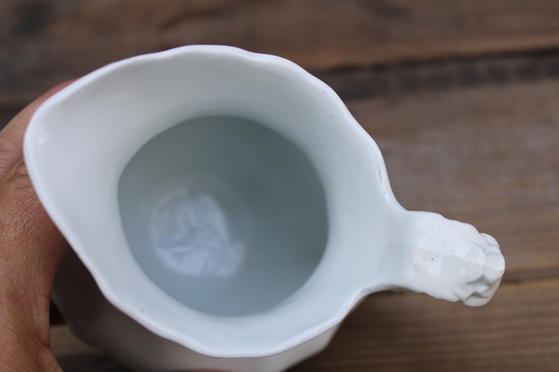 photo of antique vintage white ironstone china pitcher w/ embossed ornate shape, Johnson Bros Royal Arms mark  #2