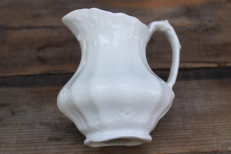 photo of antique vintage white ironstone china pitcher w/ embossed ornate shape, Johnson Bros Royal Arms mark  #3