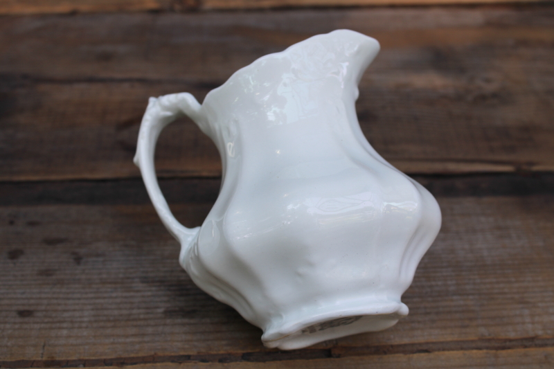 photo of antique vintage white ironstone china pitcher w/ embossed ornate shape, Johnson Bros Royal Arms mark  #4
