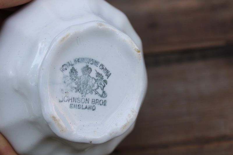 photo of antique vintage white ironstone china pitcher w/ embossed ornate shape, Johnson Bros Royal Arms mark  #5