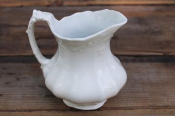antique vintage white ironstone china pitcher w/ embossed ornate shape, Johnson Bros Royal Arms mark 