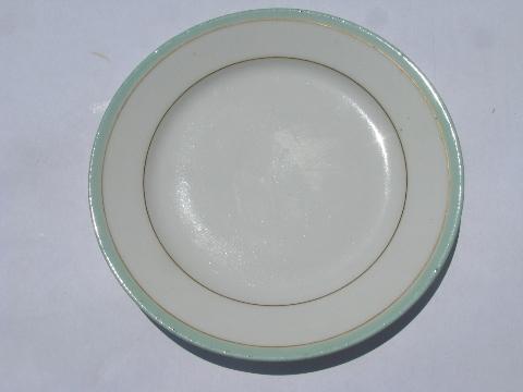 photo of antique vintage white porcelain china plates, pale green painted band border #2