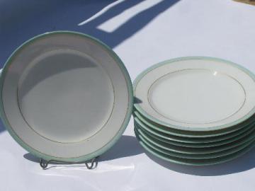 catalog photo of antique vintage white porcelain china plates, pale green painted band border