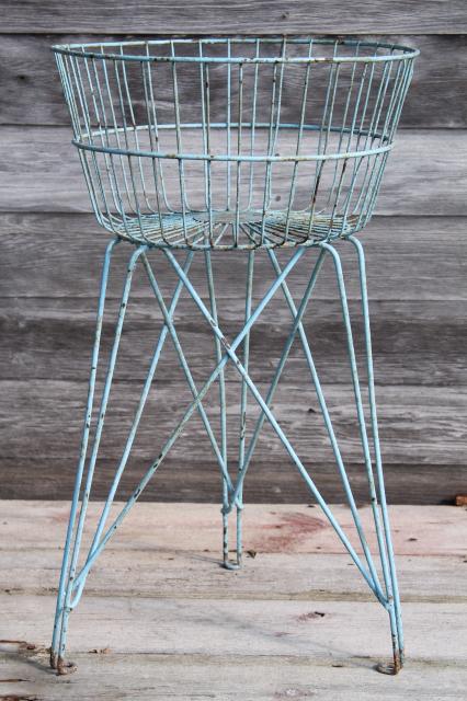 photo of antique vintage wire basket laundry stand or general store shop display w/ shabby old robins egg blue paint #1