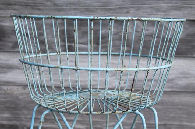 photo of antique vintage wire basket laundry stand or general store shop display w/ shabby old robins egg blue paint #4