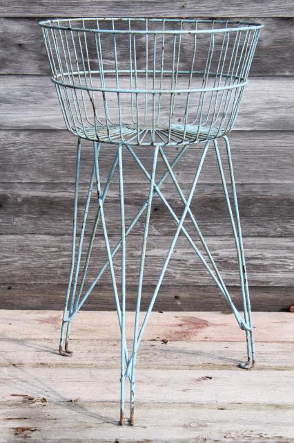 photo of antique vintage wire basket laundry stand or general store shop display w/ shabby old robins egg blue paint #5