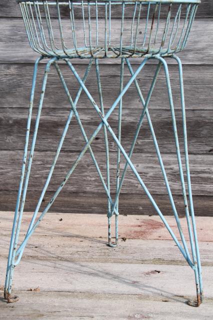 photo of antique vintage wire basket laundry stand or general store shop display w/ shabby old robins egg blue paint #6