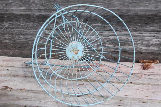 photo of antique vintage wire basket laundry stand or general store shop display w/ shabby old robins egg blue paint #7