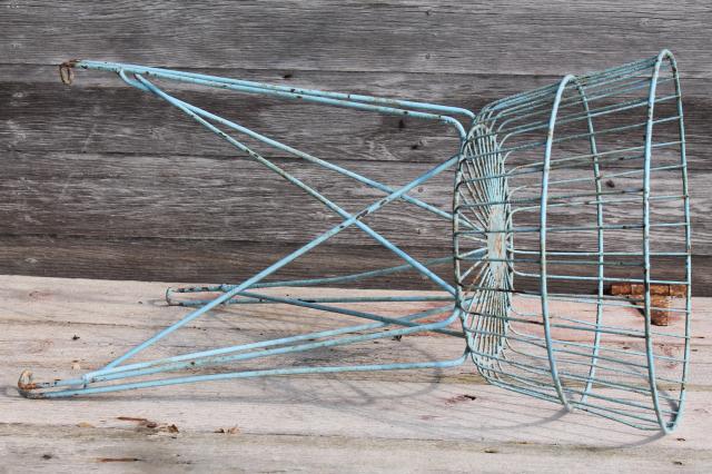 photo of antique vintage wire basket laundry stand or general store shop display w/ shabby old robins egg blue paint #8