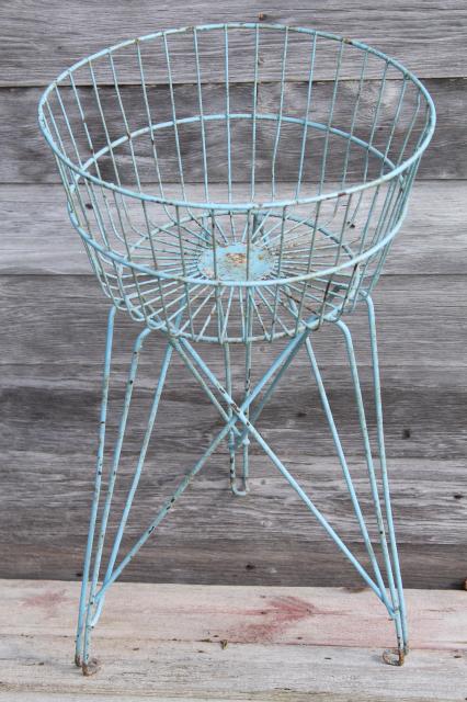 photo of antique vintage wire basket laundry stand or general store shop display w/ shabby old robins egg blue paint #11