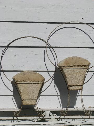 photo of antique vintage wirework flower baskets, large wrought wire floral carriers #1