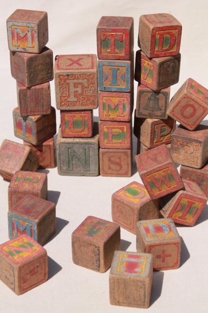 photo of antique vintage wood alphabet blocks, primitive worn old children's letter blocks #1