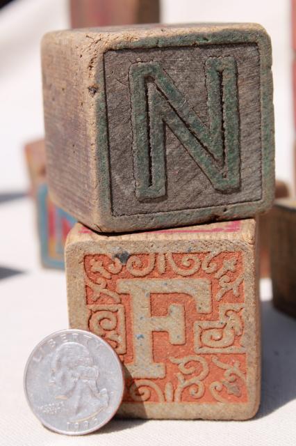 photo of antique vintage wood alphabet blocks, primitive worn old children's letter blocks #2