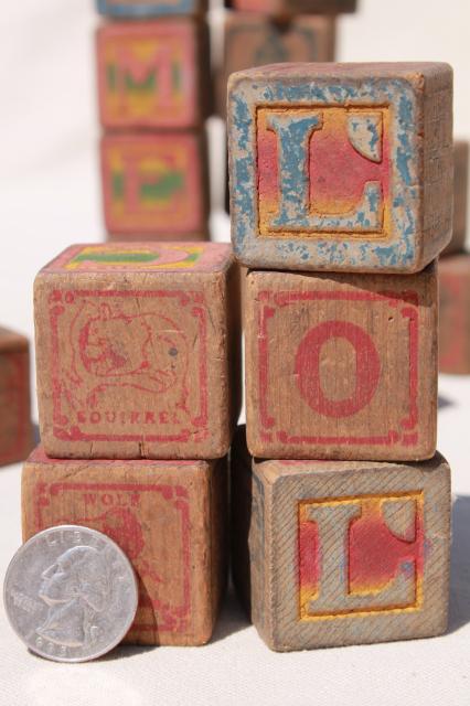 photo of antique vintage wood alphabet blocks, primitive worn old children's letter blocks #3