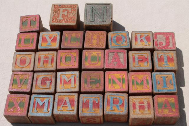 photo of antique vintage wood alphabet blocks, primitive worn old children's letter blocks #4