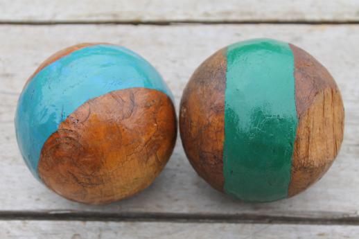 photo of antique vintage wood croquet balls, lawn bowling or bocce ball set w/ old paint #2