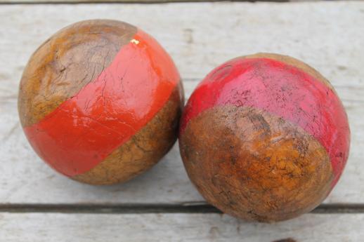 photo of antique vintage wood croquet balls, lawn bowling or bocce ball set w/ old paint #3