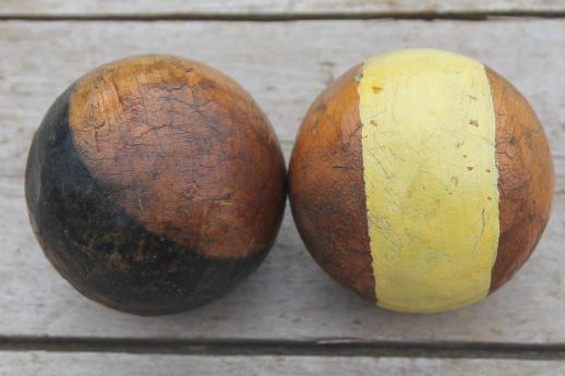 photo of antique vintage wood croquet balls, lawn bowling or bocce ball set w/ old paint #4