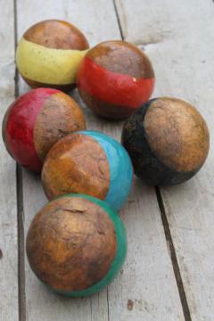 catalog photo of antique vintage wood croquet balls, lawn bowling or bocce ball set w/ old paint