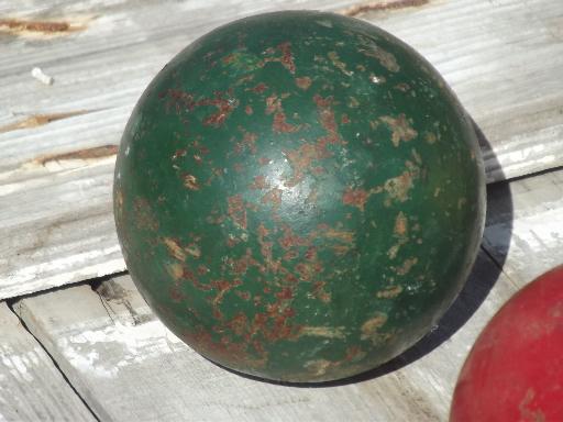 photo of antique vintage wood croquet balls, lawn bowling or bocce ball set w/ old paint #2