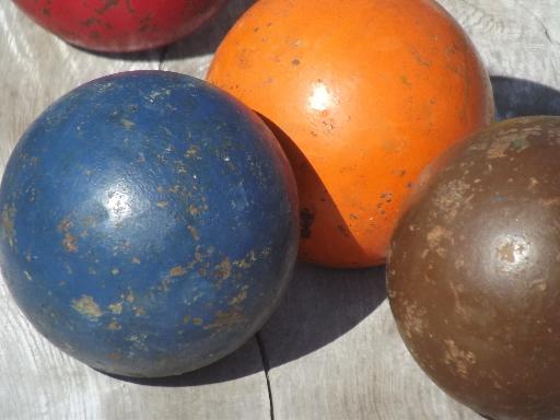 photo of antique vintage wood croquet balls, lawn bowling or bocce ball set w/ old paint #3