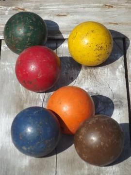 catalog photo of antique vintage wood croquet balls, lawn bowling or bocce ball set w/ old paint