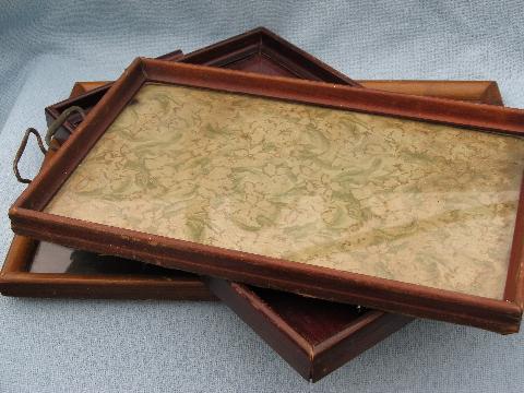 photo of antique & vintage wood framed trays, glass topped tray collection #1