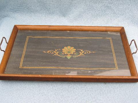 photo of antique & vintage wood framed trays, glass topped tray collection #2