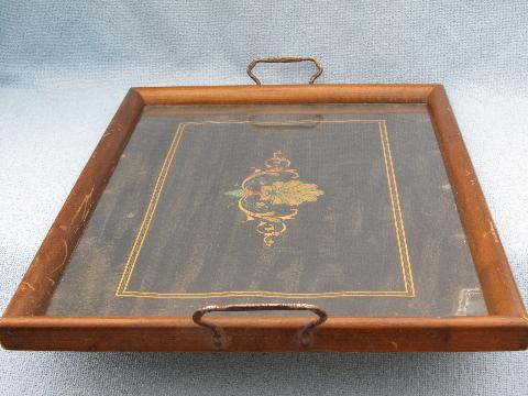 photo of antique & vintage wood framed trays, glass topped tray collection #3