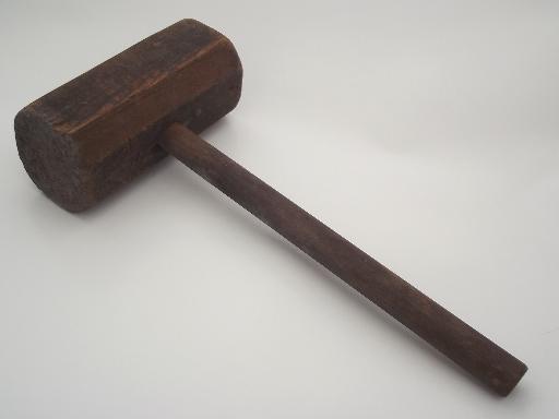 photo of antique vintage wooden hammer, large primitive wood mallet  #1