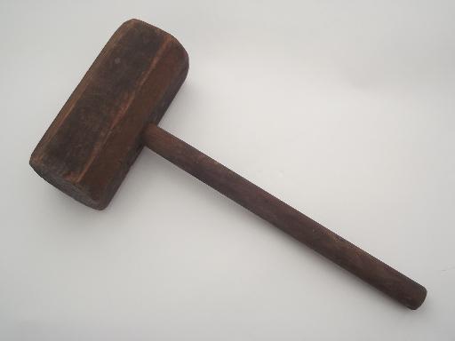 photo of antique vintage wooden hammer, large primitive wood mallet  #2