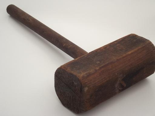 photo of antique vintage wooden hammer, large primitive wood mallet  #3