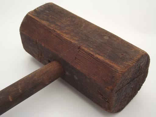 photo of antique vintage wooden hammer, large primitive wood mallet  #4