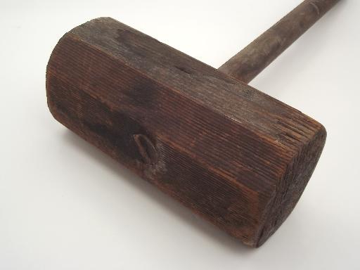 photo of antique vintage wooden hammer, large primitive wood mallet  #5