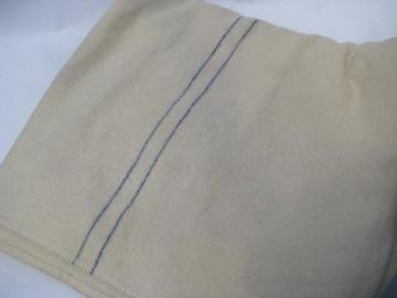 catalog photo of antique vintage wool camp blanket, blue stripe on cream