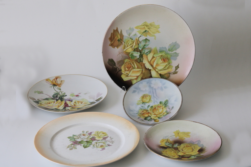 photo of antique vintage yellow roses china plates lot, collection of mismatched florals #1