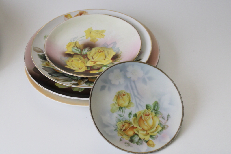 photo of antique vintage yellow roses china plates lot, collection of mismatched florals #4