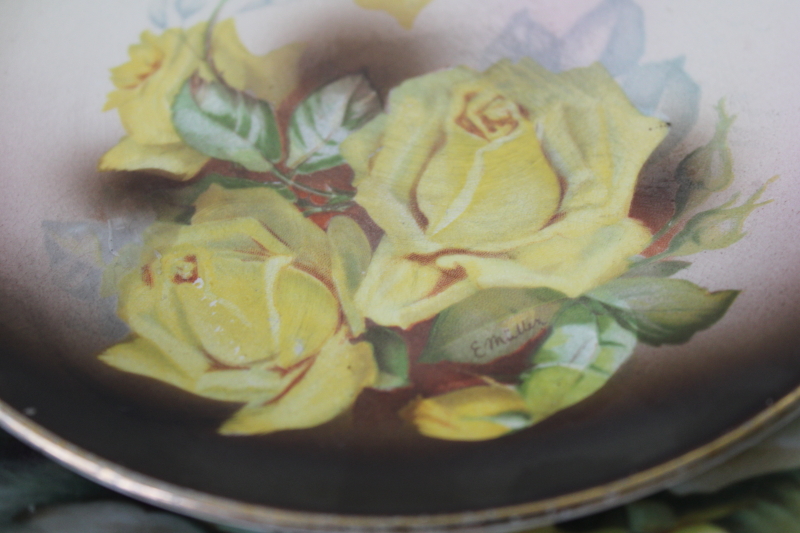 photo of antique vintage yellow roses china plates lot, collection of mismatched florals #5