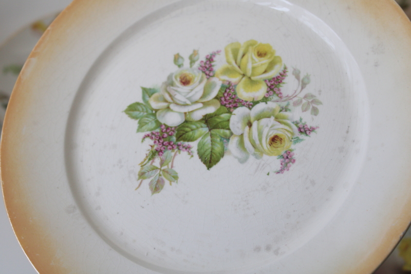 photo of antique vintage yellow roses china plates lot, collection of mismatched florals #7