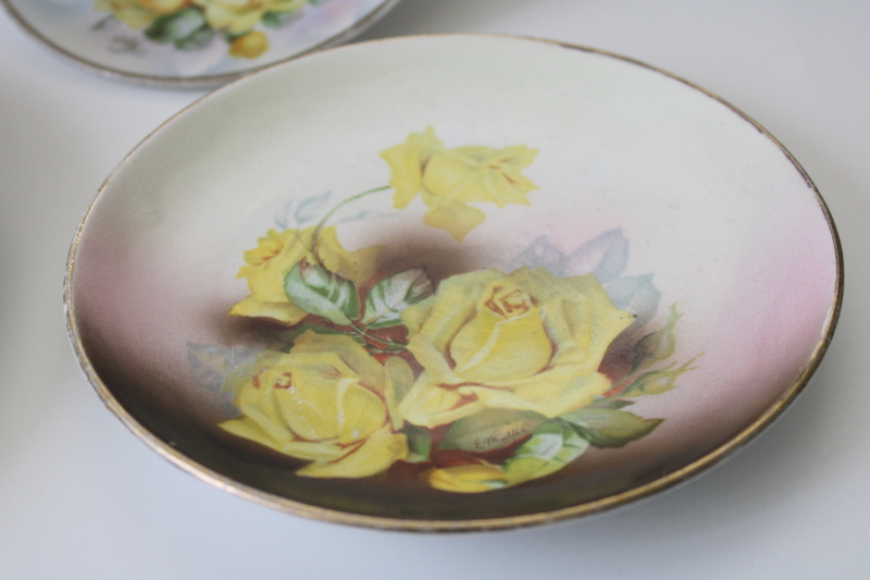 photo of antique vintage yellow roses china plates lot, collection of mismatched florals #8